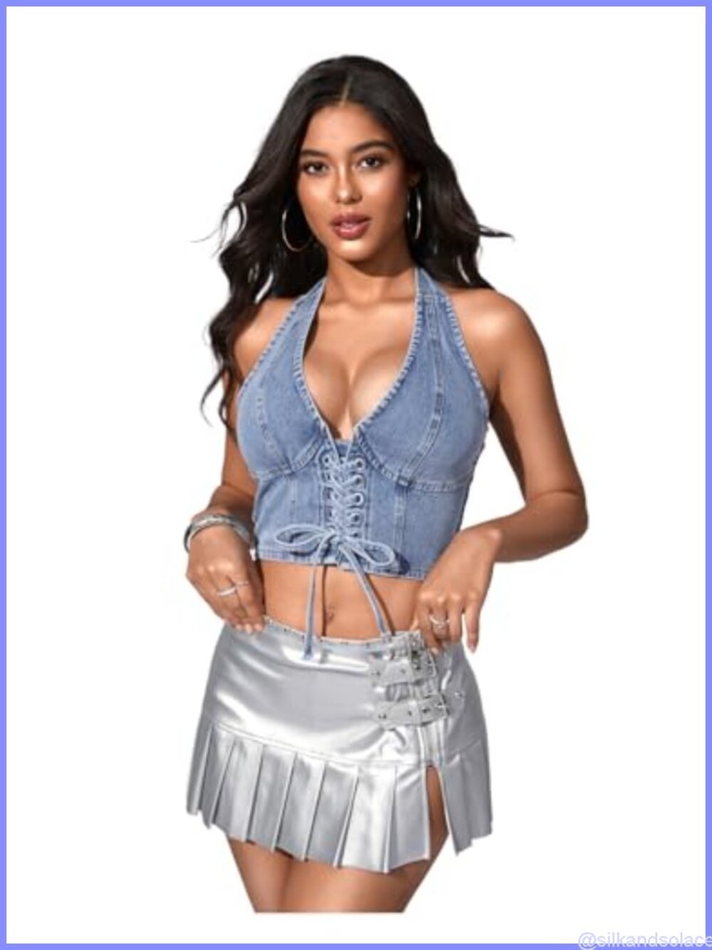 Denim Lace Up Halter Crop Top Sleeveless Backless